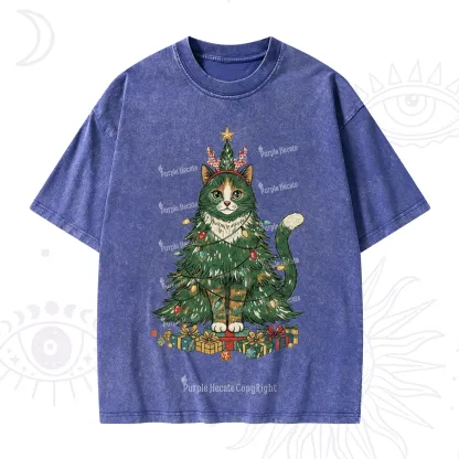 Purplehecate Cute Cats Christmas Tree Washed T-Shirt