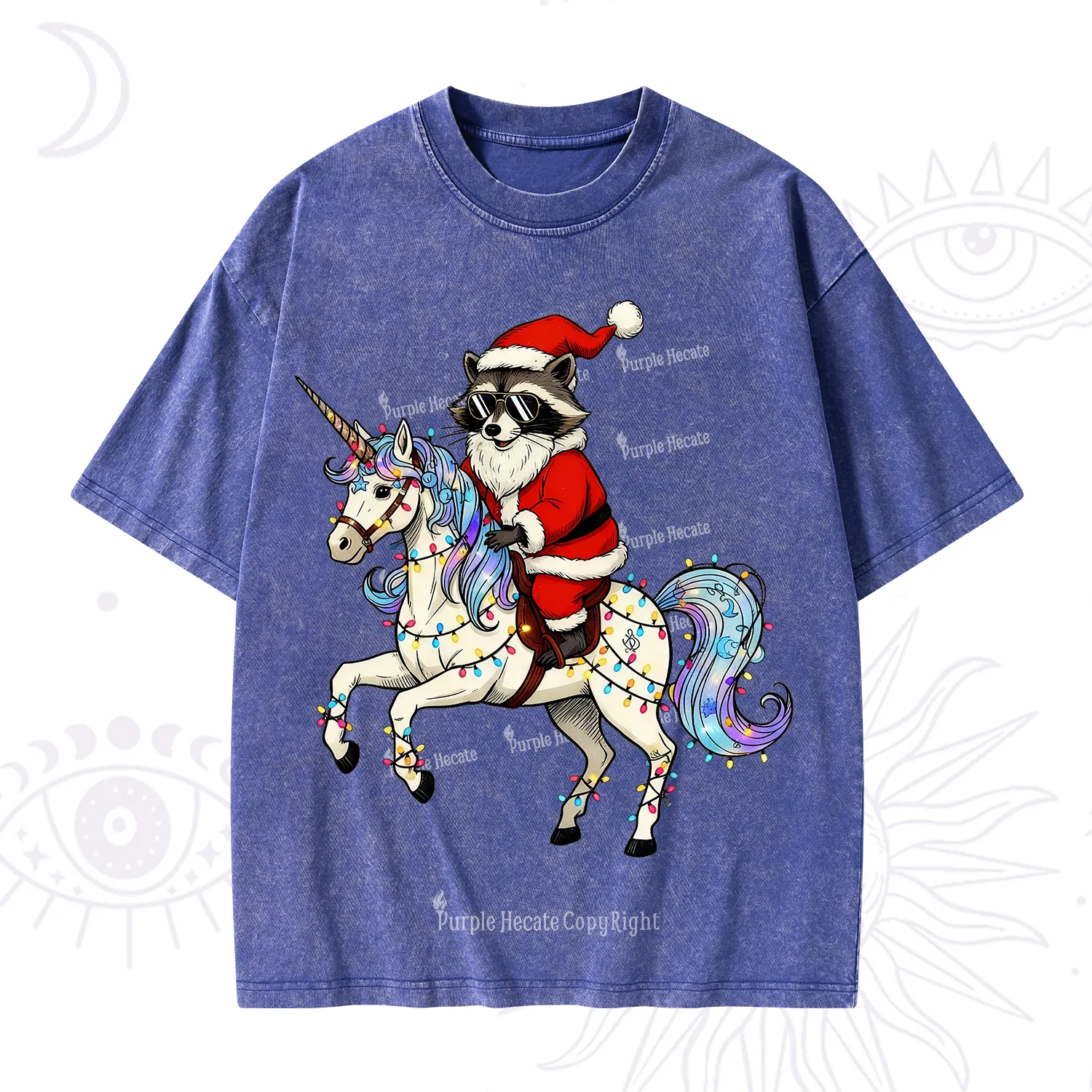 Purplehecate Santa Raccoon Riding Unicorn Tee Christmas Washed T-Shirt