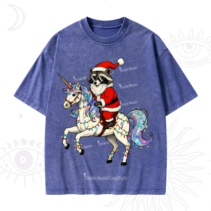 Purplehecate Santa Raccoon Riding Unicorn Tee Christmas Washed T-Shirt