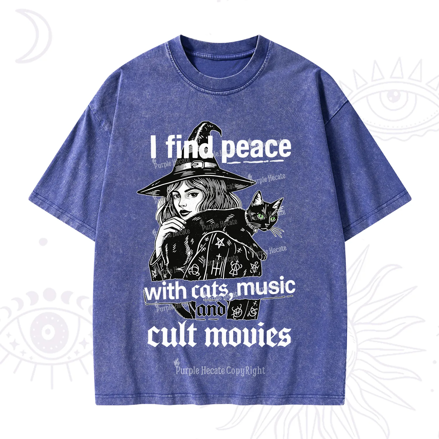 Purplehecate I Find Peace With Cats Music Cult Movies Washed T-Shirt
