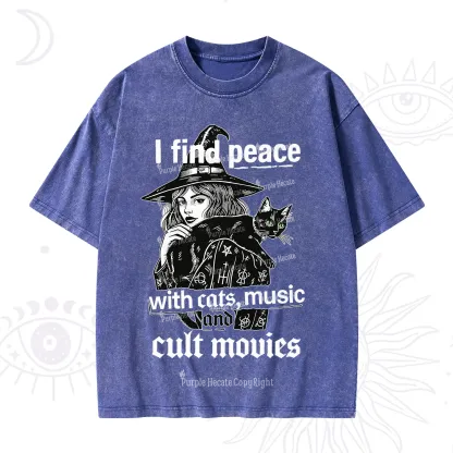 Purplehecate I Find Peace With Cats Music Cult Movies Washed T-Shirt