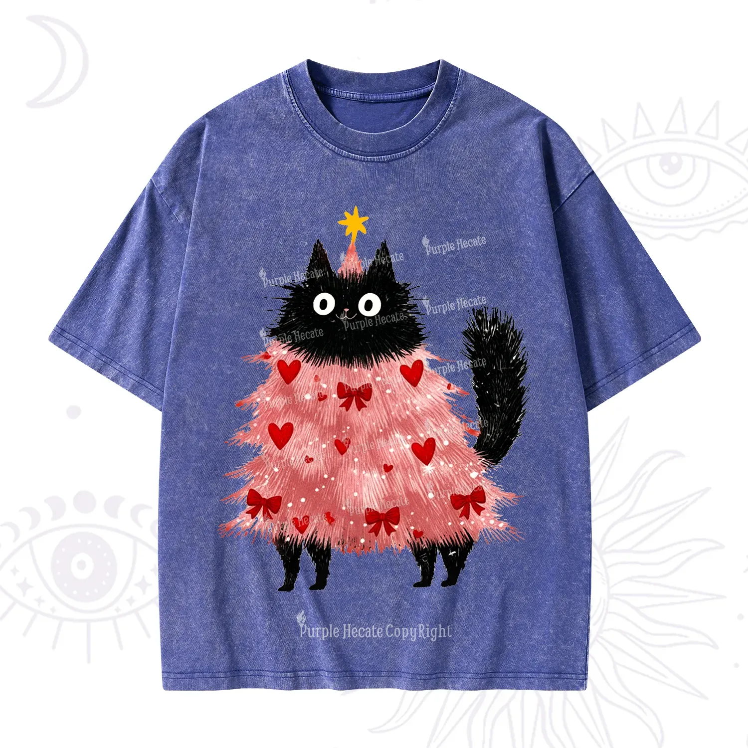 Purplehecate Funny Black Cat in Tree Valentine Washed T-Shirt