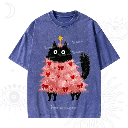 Purplehecate Funny Black Cat in Tree Valentine Washed T-Shirt