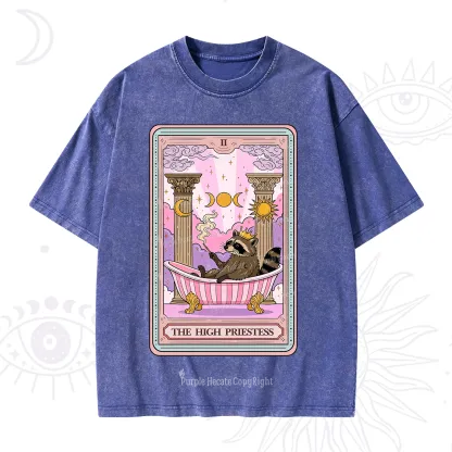 Purplehecate The High Priestess Raccoon Tarot Washed T-Shirt