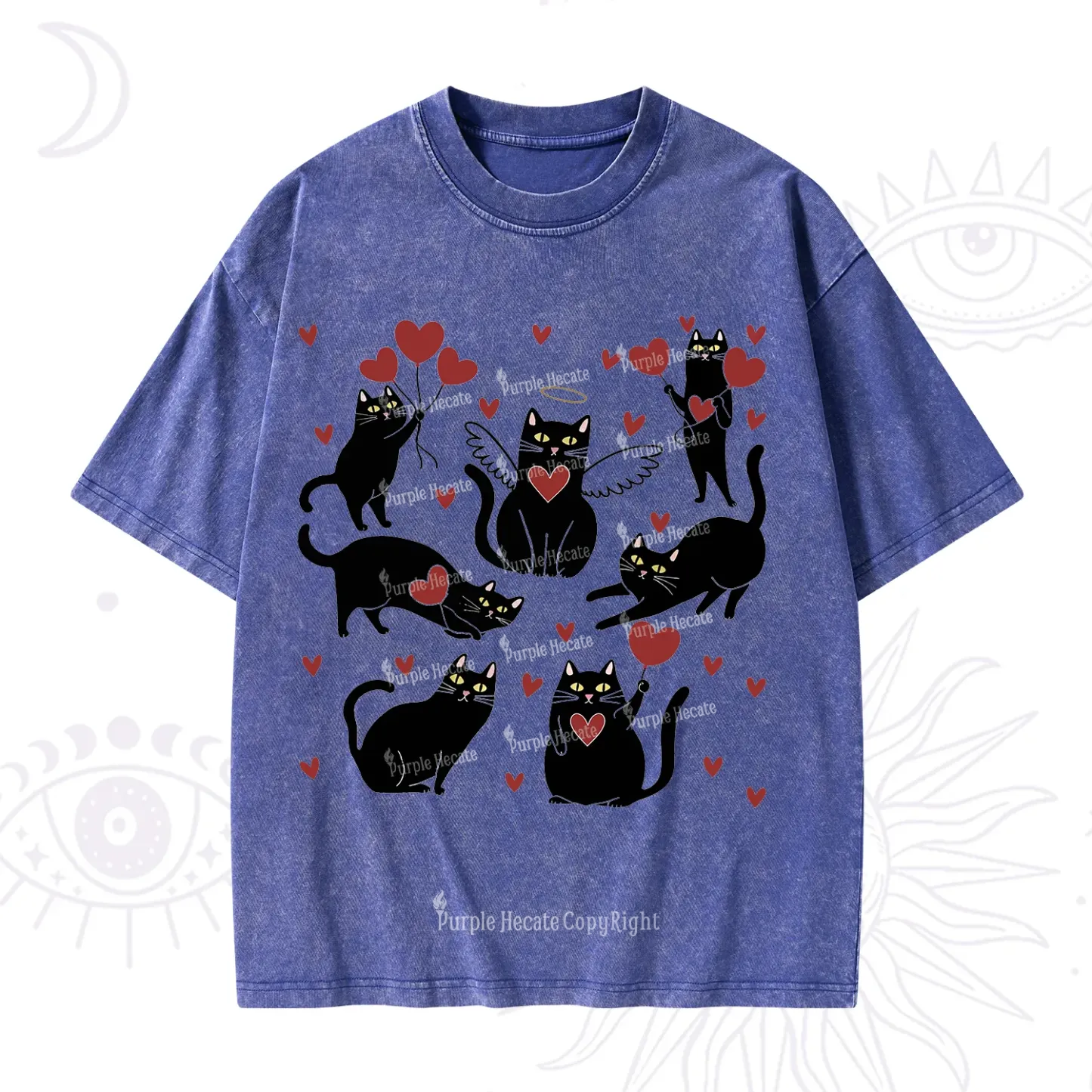 Purplehecate Meowy Valentine's Romantic Cat Valentine Washed T-Shirt