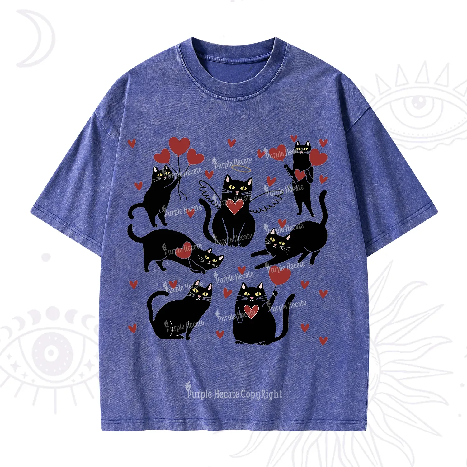 Purplehecate Meowy Valentine's Romantic Cat Valentine Washed T-Shirt