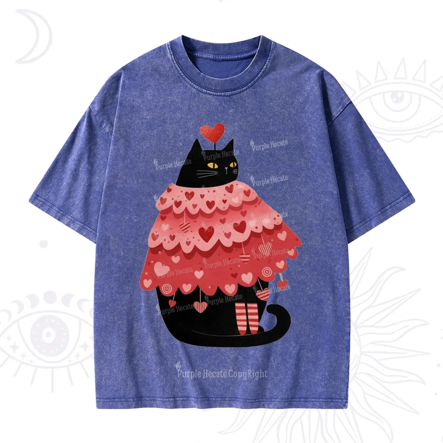 Purplehecate Funny Black Cat in Heart Dress Valentine Washed T-Shirt