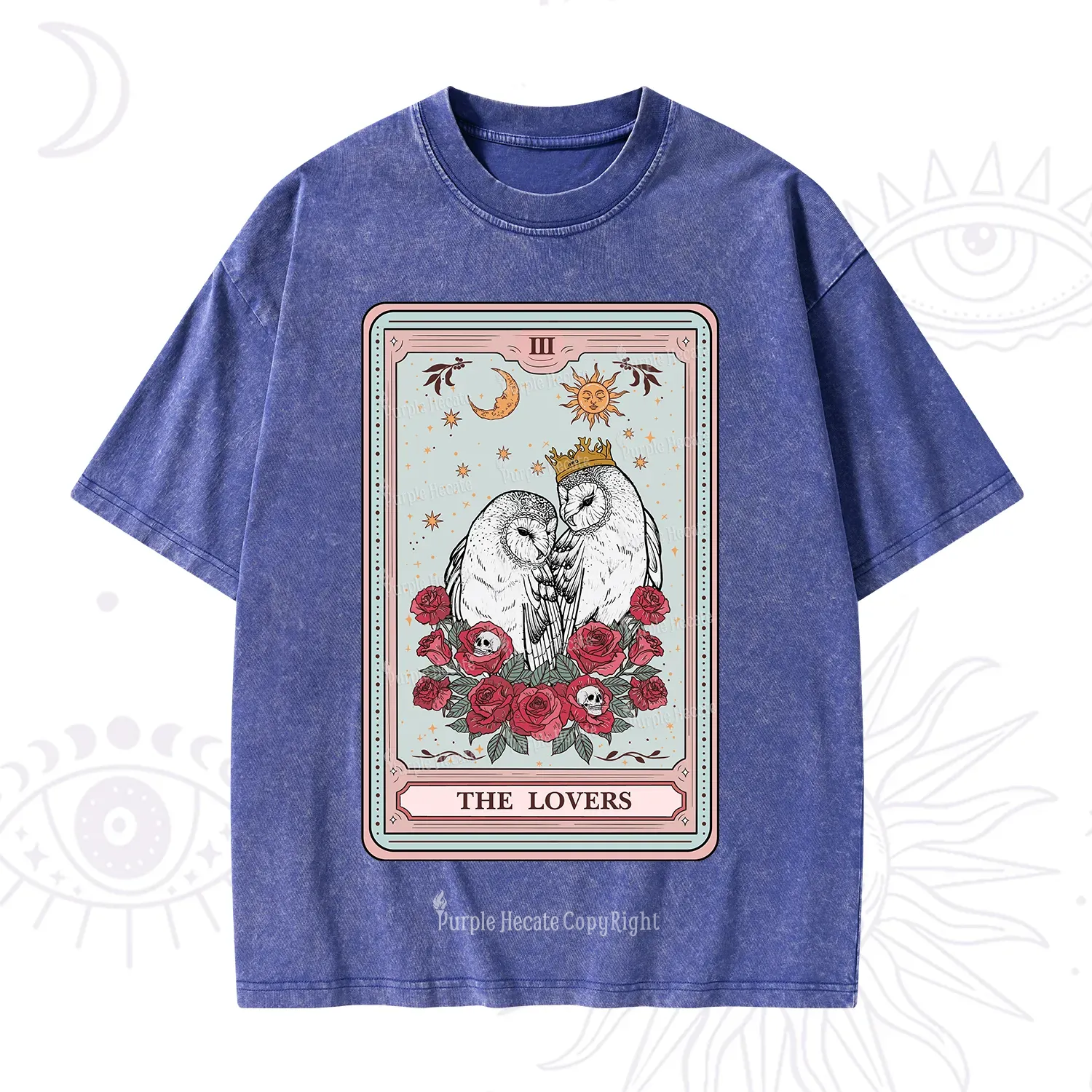 Purplehecate The Lovers Owls Tarot Card Washed T-Shirt