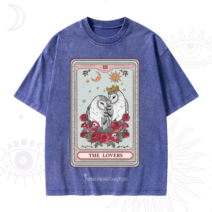 Purplehecate The Lovers Owls Tarot Card Washed T-Shirt