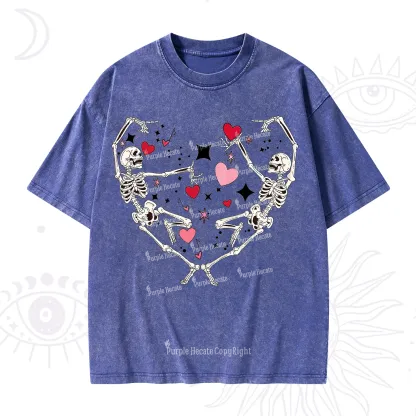 Purplehecate Skeleton Heart Lovers Valentine Washed T-Shirt