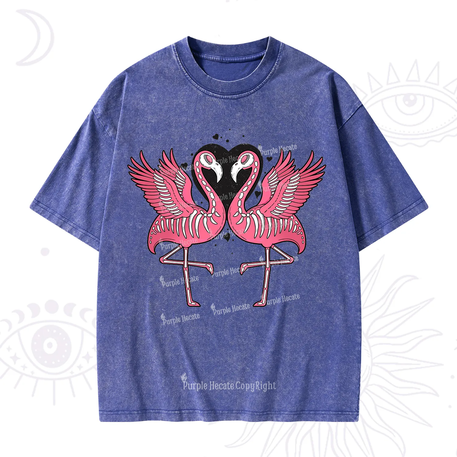 Purplehecate Witchy Pink Flamingo Skull Valentine Washed T-Shirt