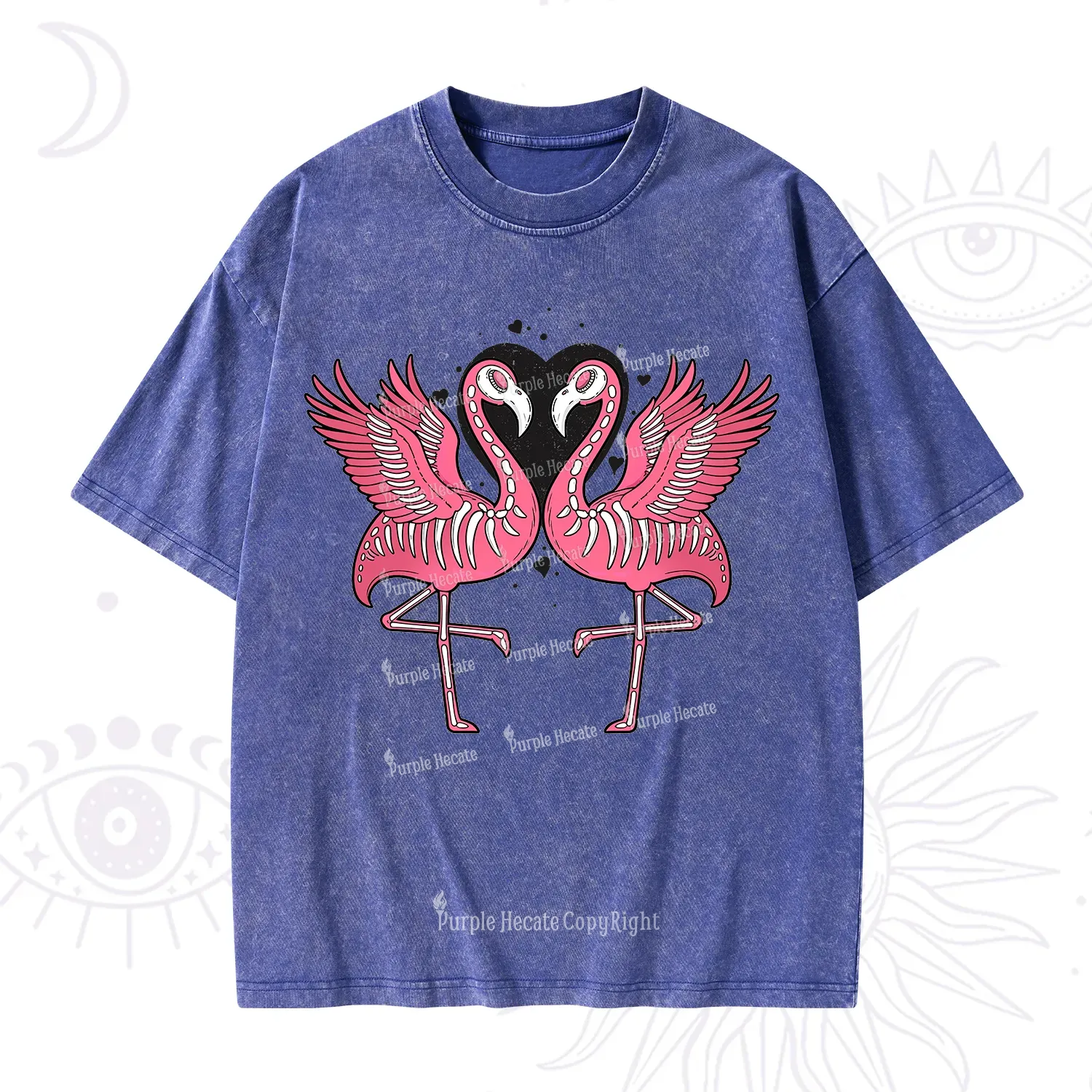 Purplehecate Witchy Pink Flamingo Skull Valentine Washed T-Shirt