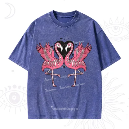Purplehecate Witchy Pink Flamingo Skull Valentine Washed T-Shirt