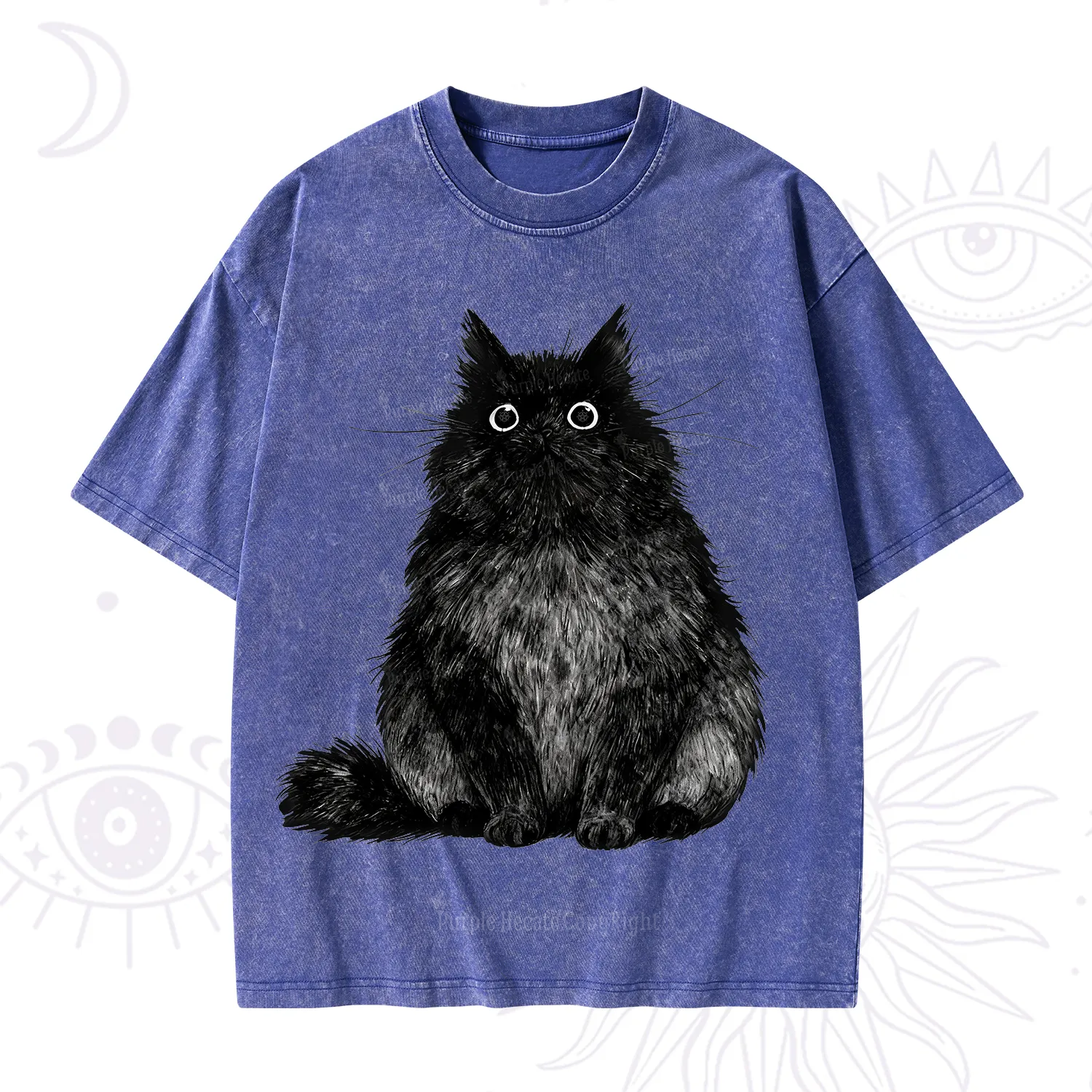 Purplehecate Cute Black Fluffy Cat Washed T-Shirt
