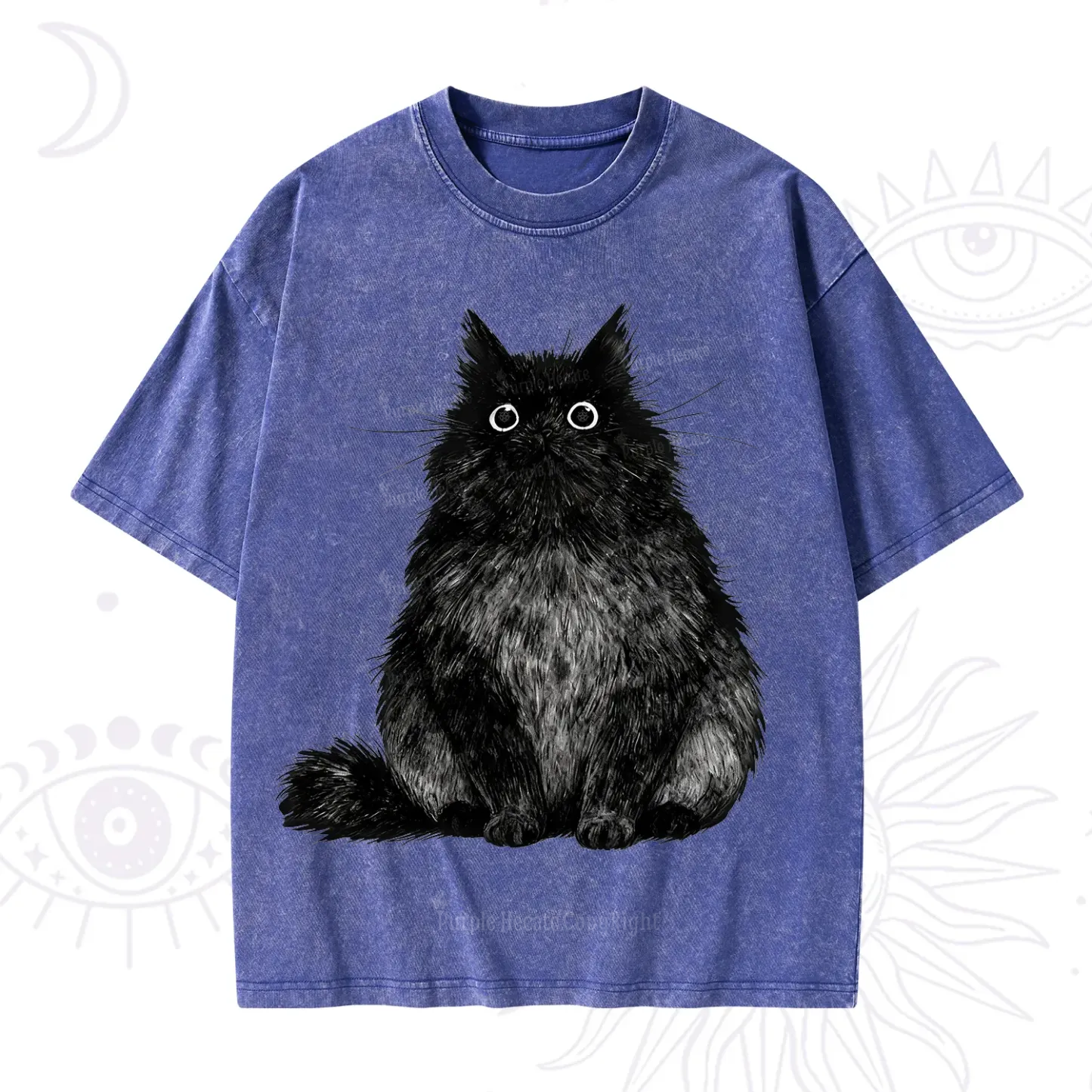 Purplehecate Cute Black Fluffy Cat Washed T-Shirt