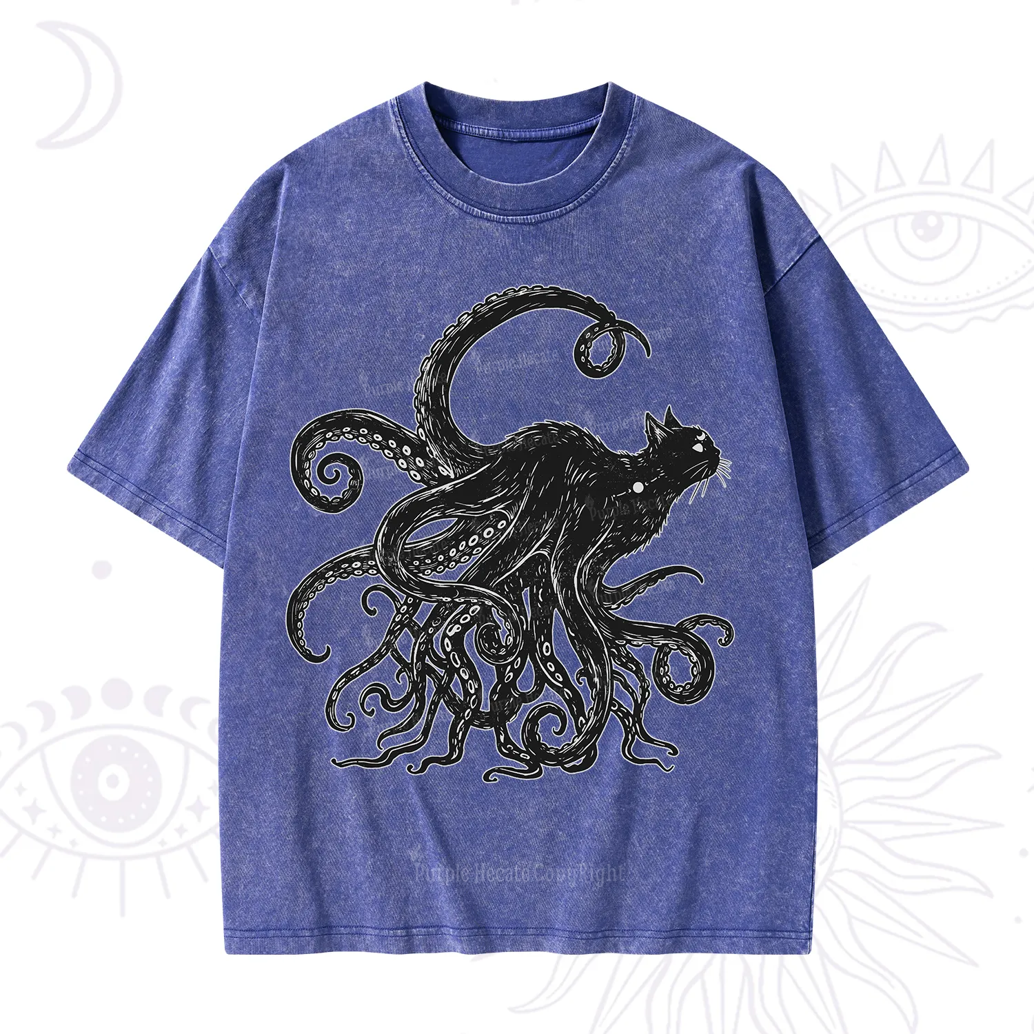 Purplehecate Black Cat with Octopus Tentacles Washed T-Shirt