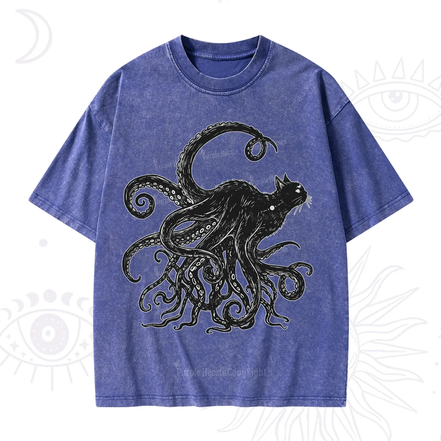 Purplehecate Black Cat with Octopus Tentacles Washed T-Shirt