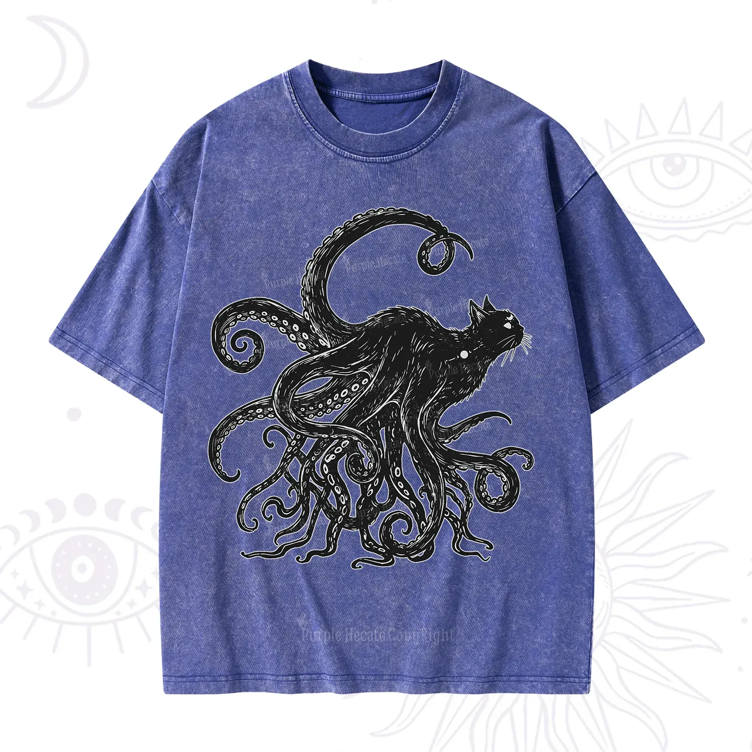 Purplehecate Black Cat with Octopus Tentacles Washed T-Shirt