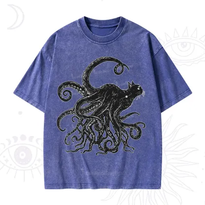 Purplehecate Black Cat with Octopus Tentacles Washed T-Shirt