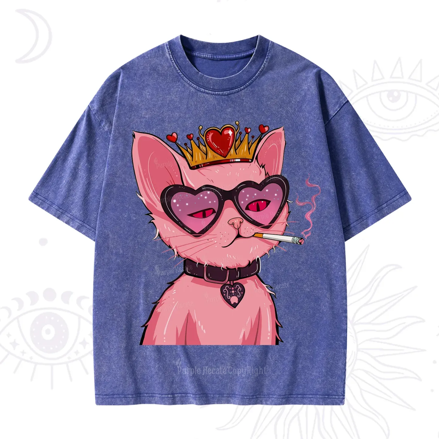 Purplehecate Bad Attitude Pink Cat Smoking Queen Washed T-Shirt