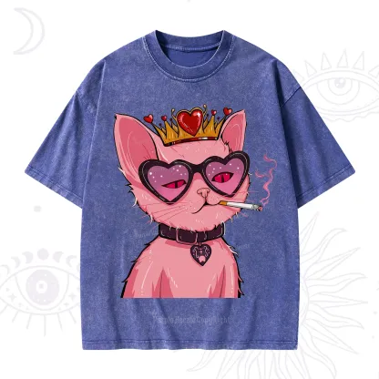 Purplehecate Bad Attitude Pink Cat Smoking Queen Washed T-Shirt
