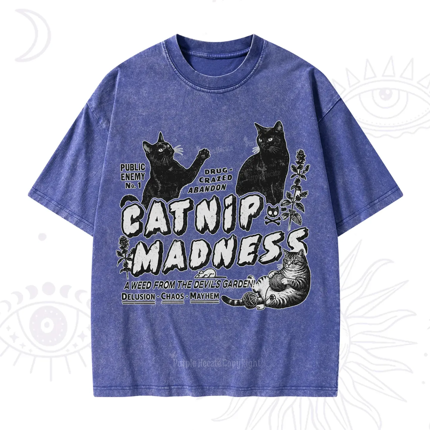 Purplehecate Catnip Madness Cute Cat Washed T-Shirt