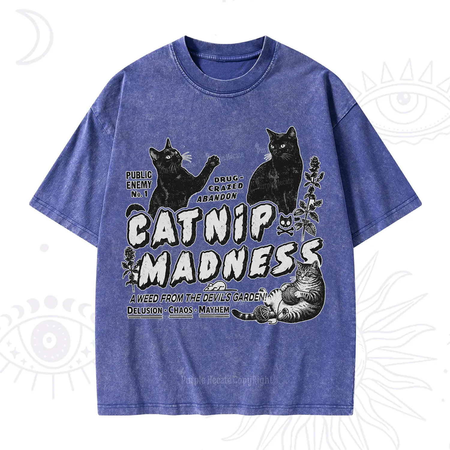 Purplehecate Catnip Madness Cute Cat Washed T-Shirt
