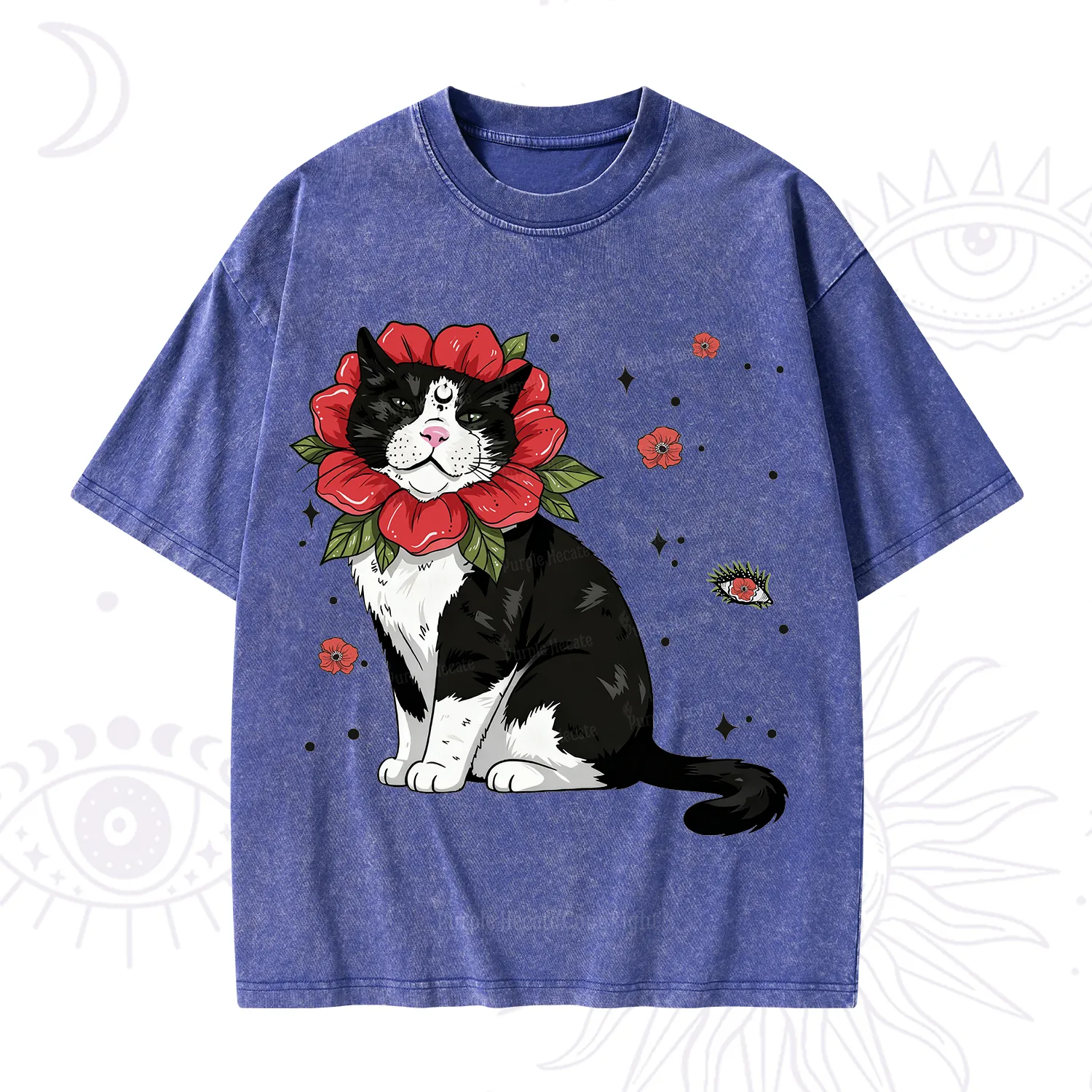Purplehecate Cat in Flower Crown Washed T-Shirt
