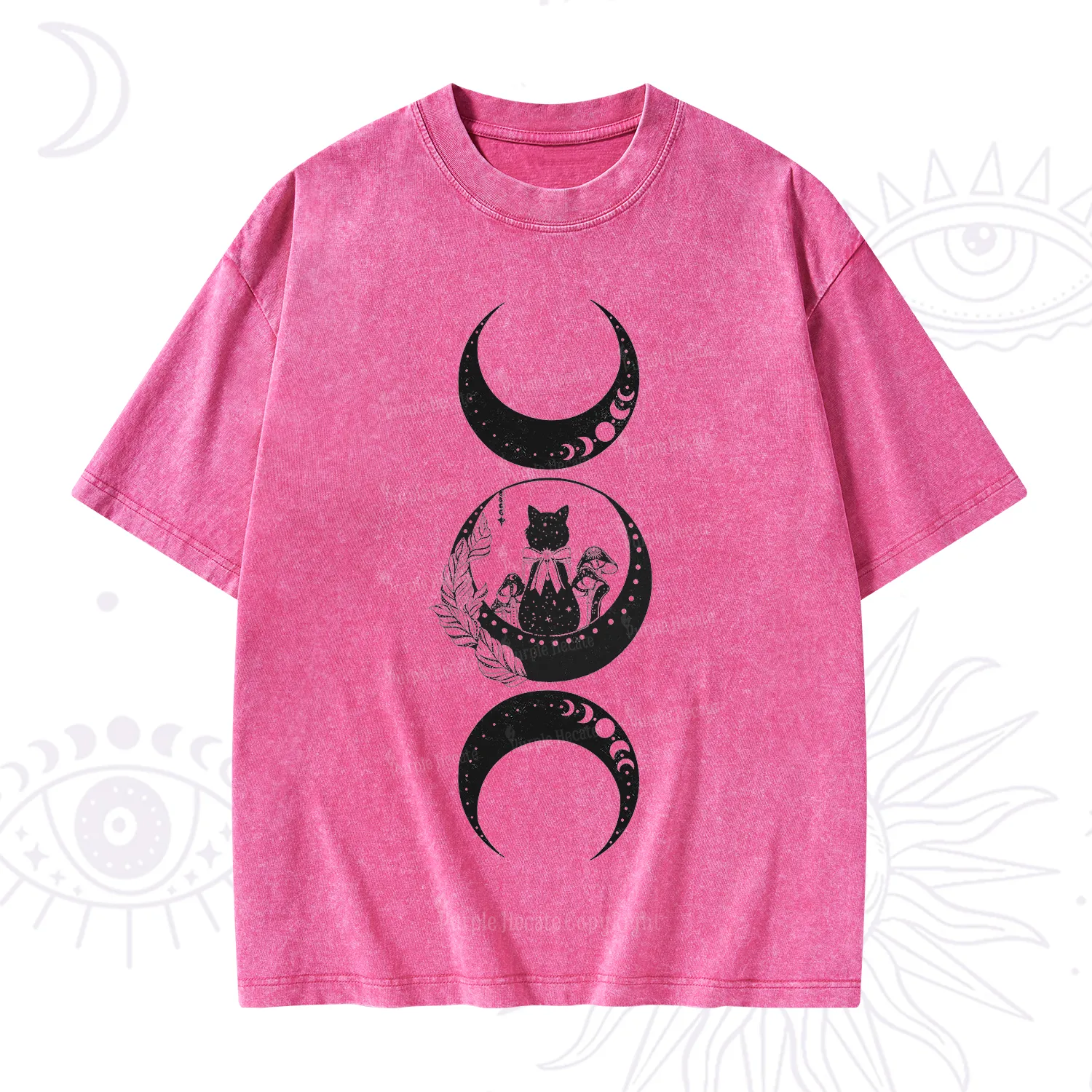 Purplehecate Cat And Moon Phases Washed T-Shirt