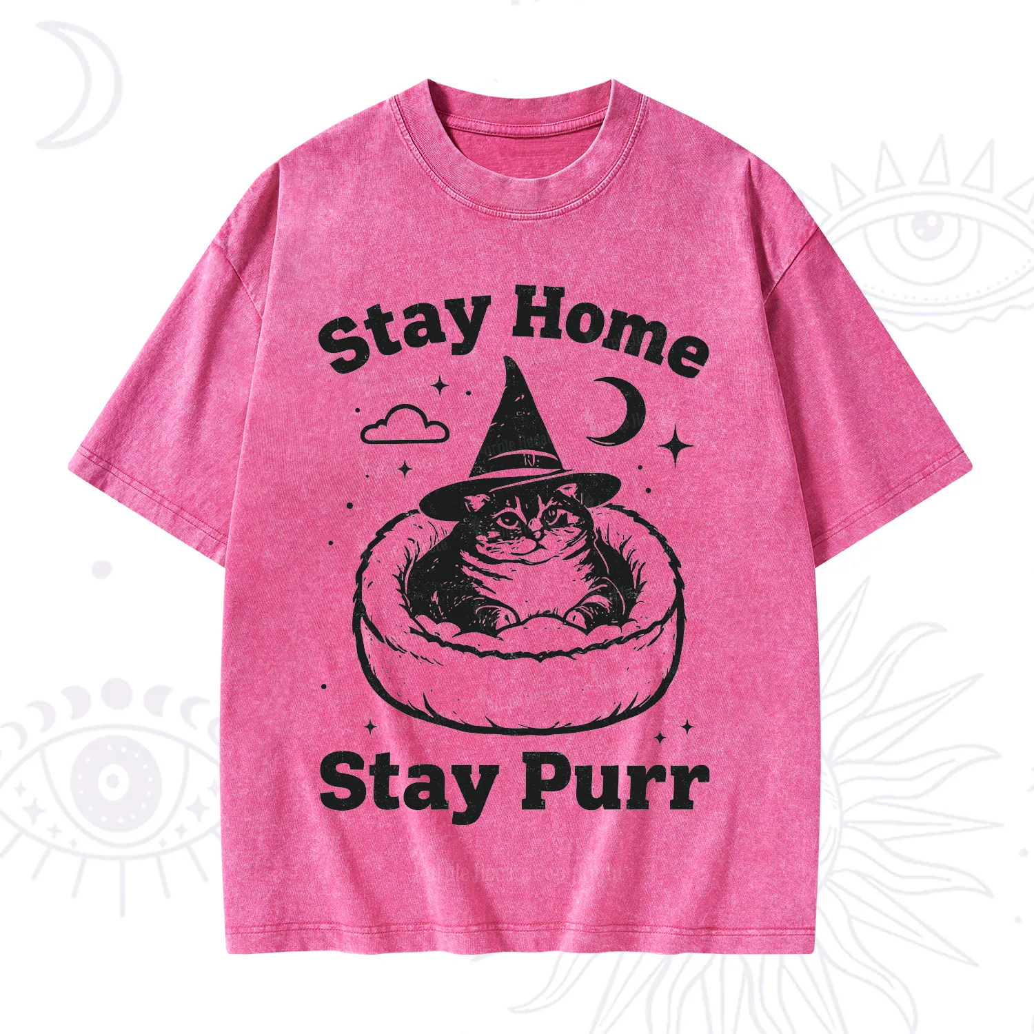 Purplehecate Stay Home Stay Purr Witch Cat Washed T-Shirt