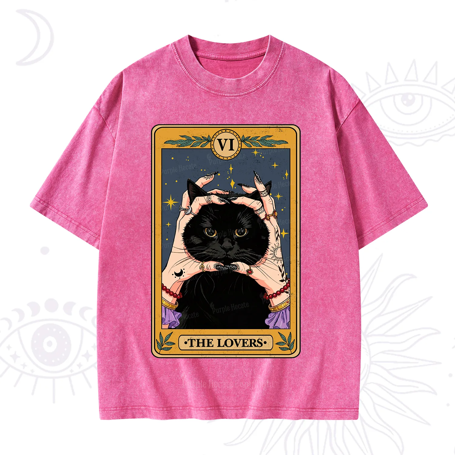 Purplehecate Black Cat The Lovers Tarot Card Washed T-Shirt