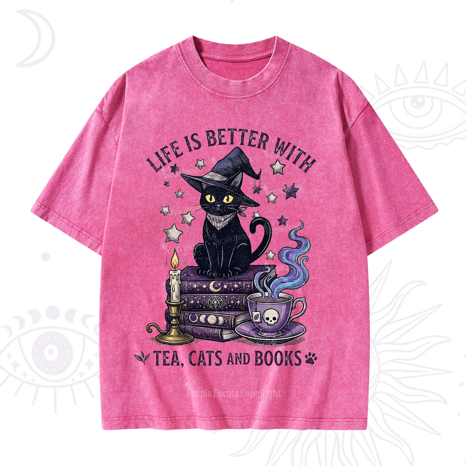 Purplehecate Life Is Better With Cats And Books Washed T-Shirt