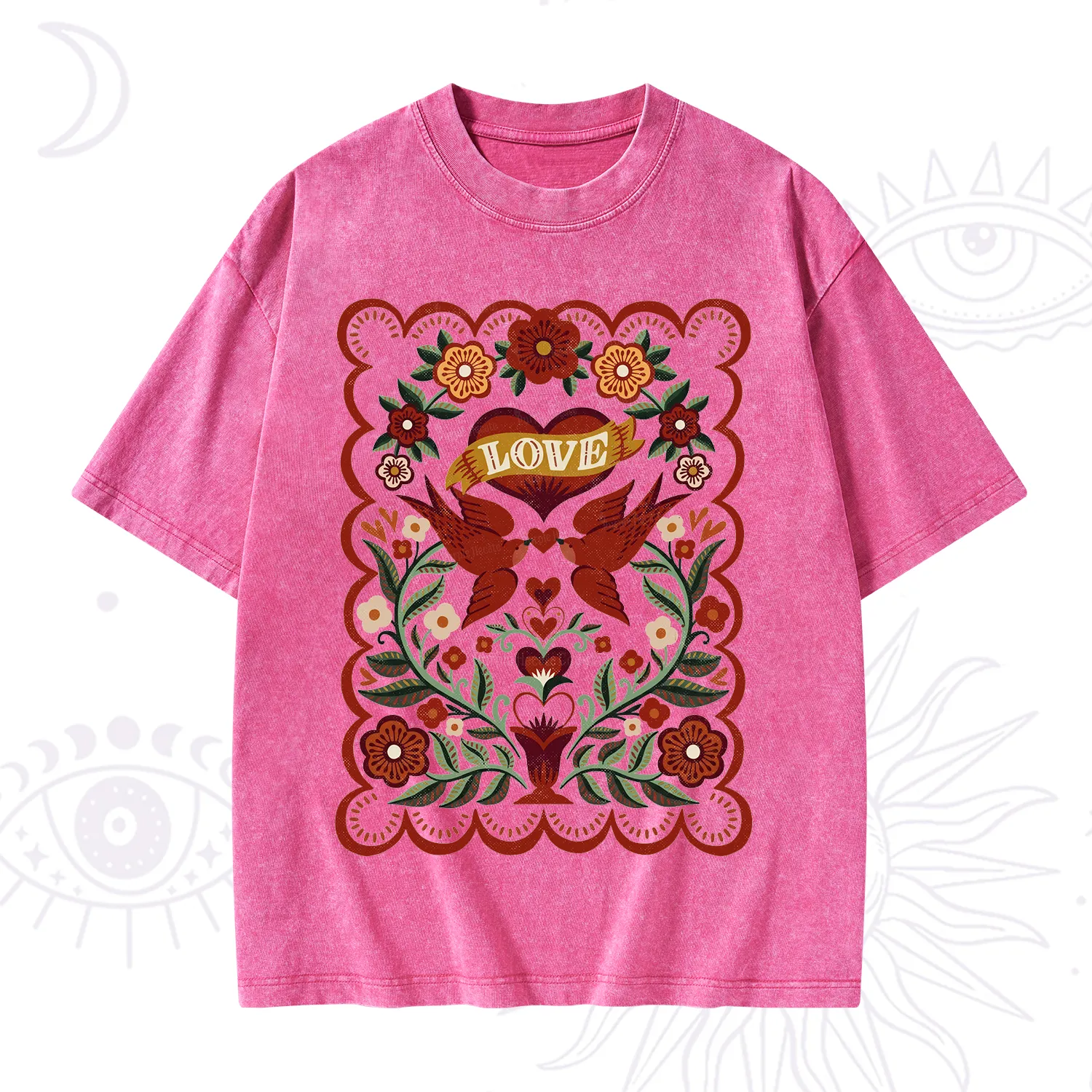 Purplehecate Folk Love Birds Floral Washed T-Shirt