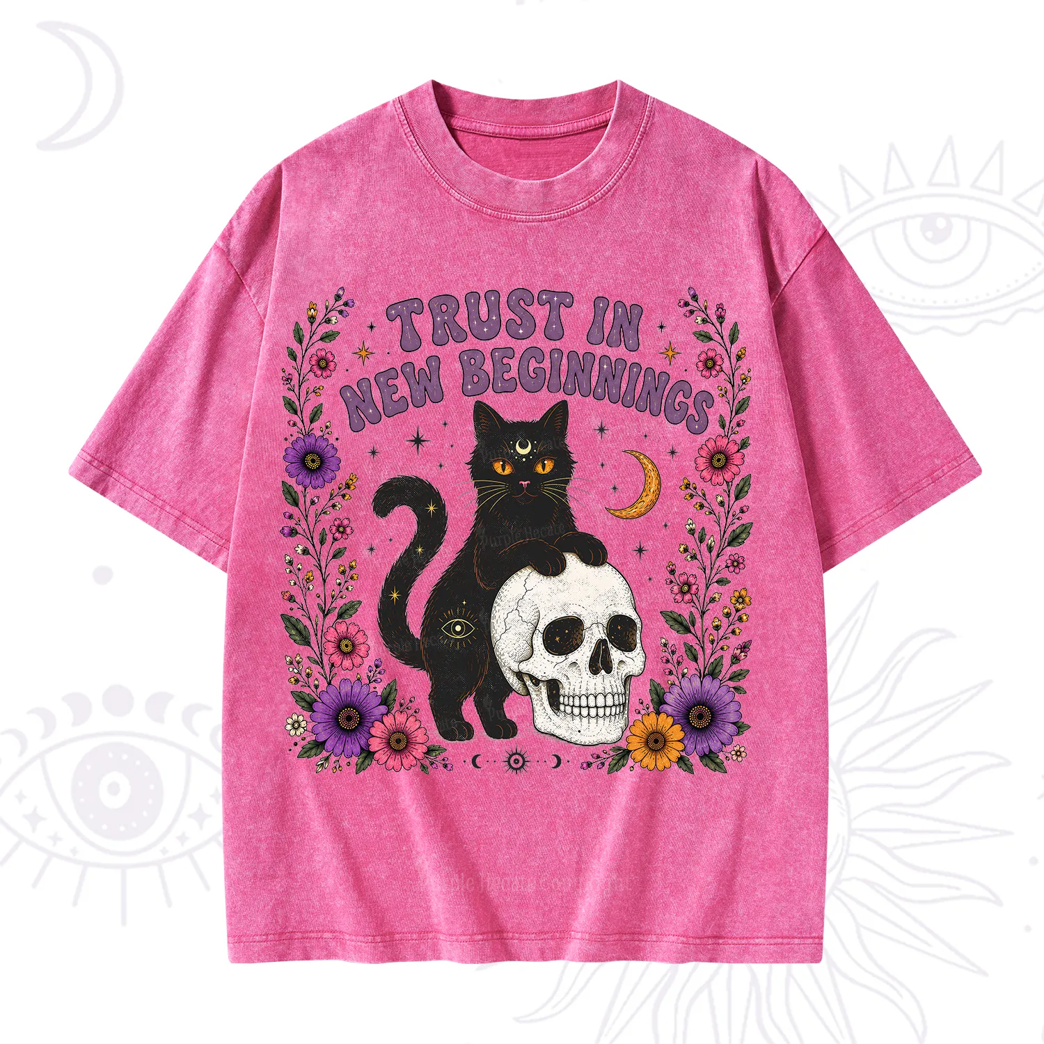 Purplehecate Trust in New Beginnings Black Cat Washed T-Shirt