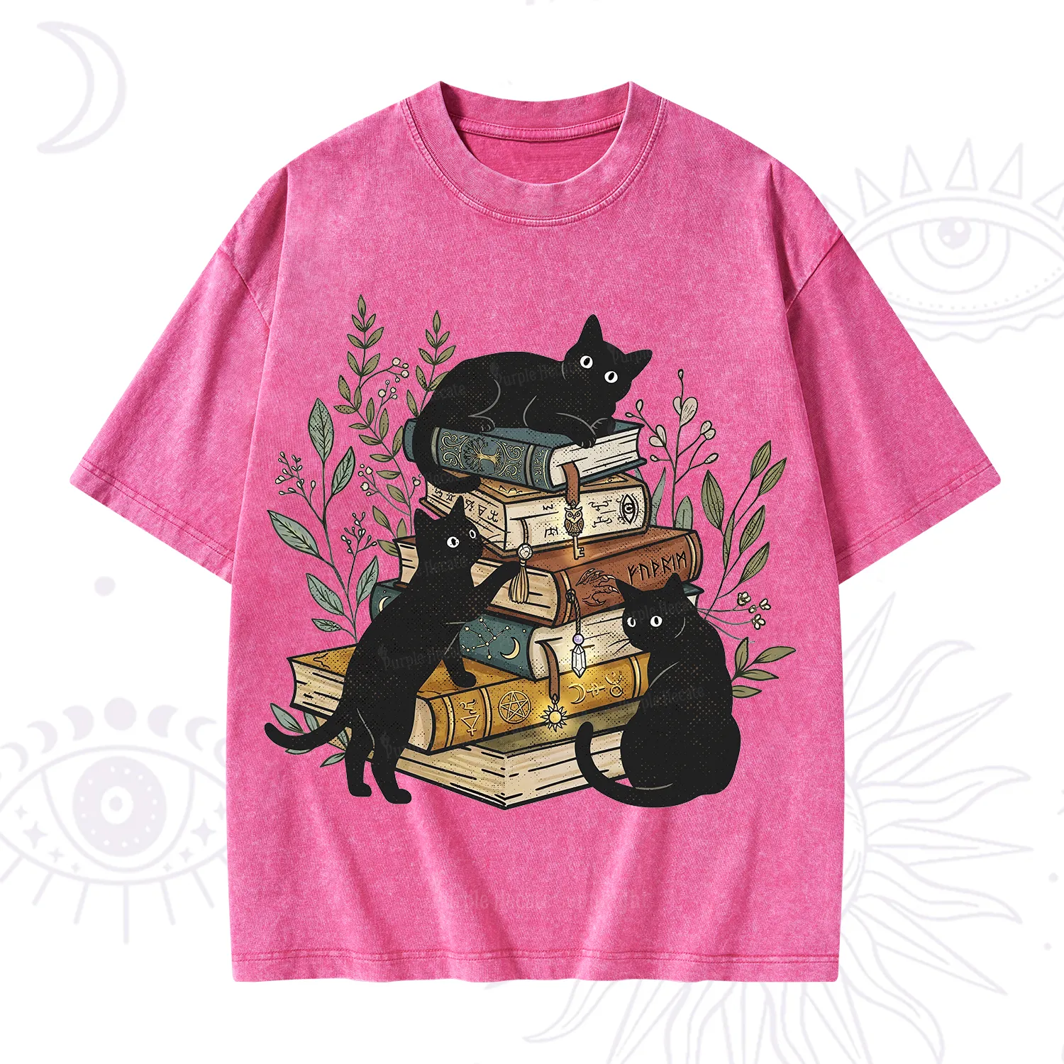Purplehecate Enchanted Library Three Black Cats Washed T-Shirt