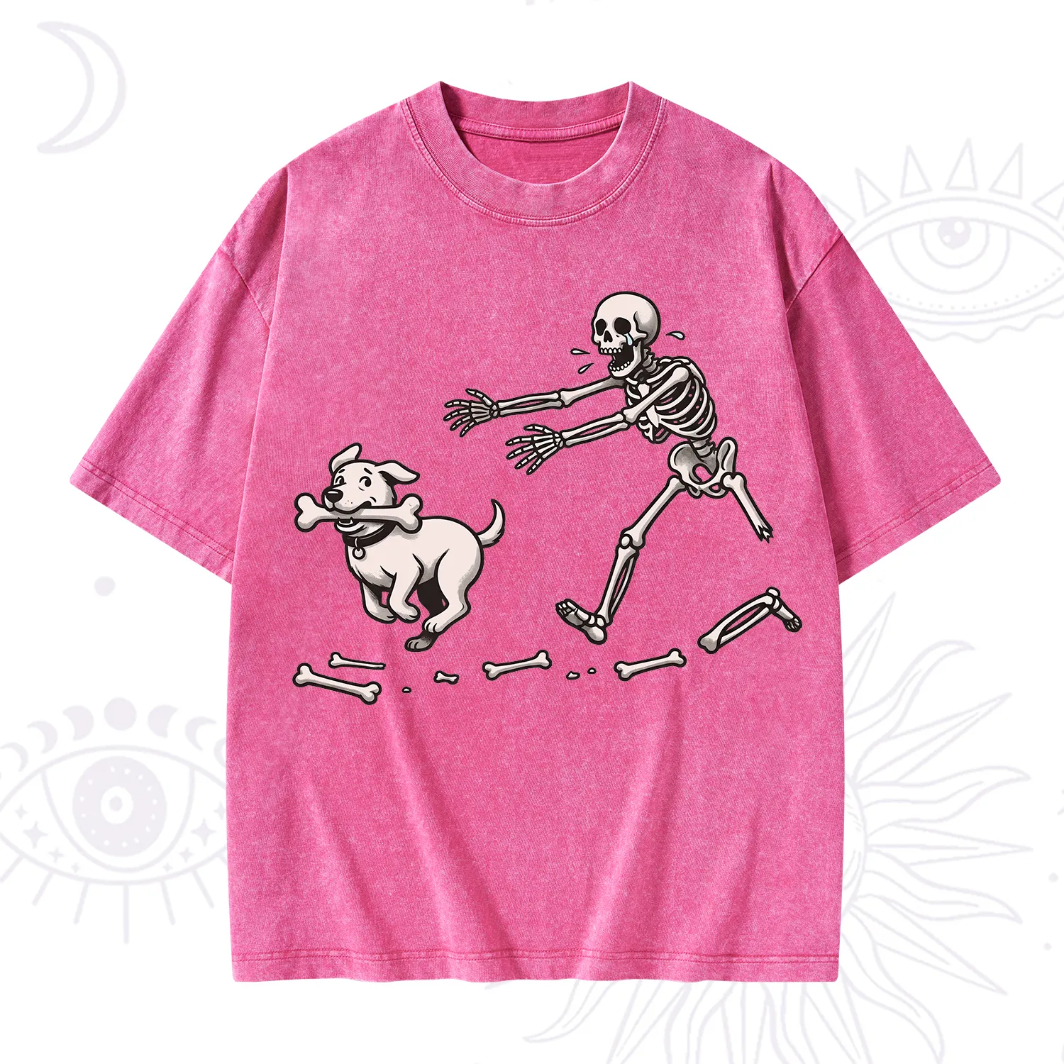 Purplehecate Halloween Skeleton Chasing Dog Washed T-Shirt