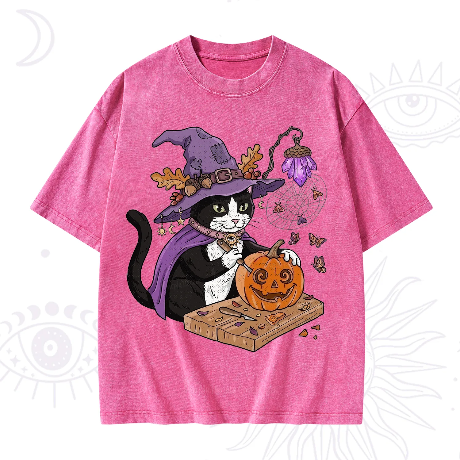 Purplehecate Pumpkin Carving Witch Cat Washed T-Shirt