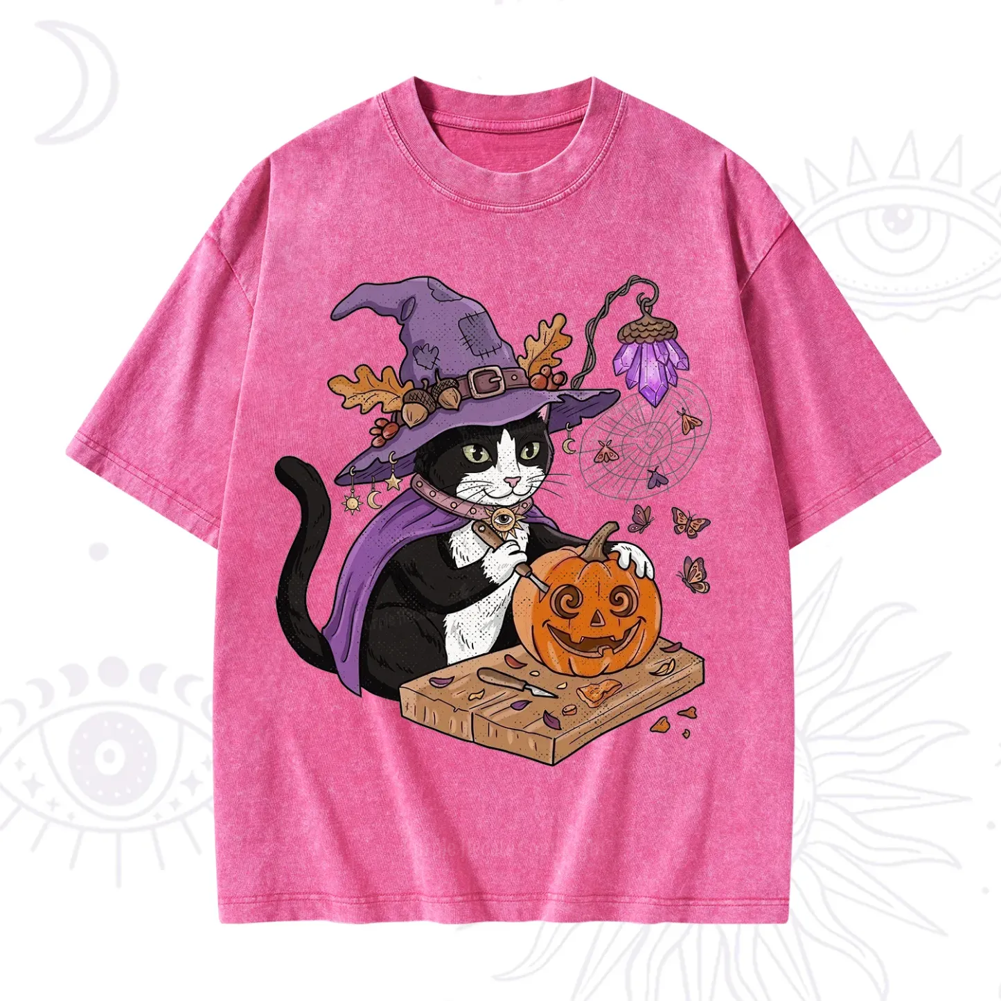 Purplehecate Pumpkin Carving Witch Cat Washed T-Shirt