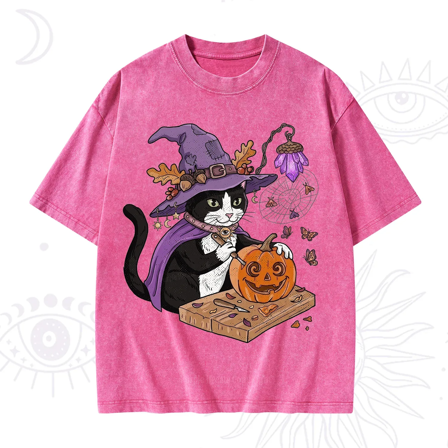 Purplehecate Pumpkin Carving Witch Cat Washed T-Shirt