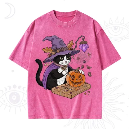 Purplehecate Pumpkin Carving Witch Cat Washed T-Shirt