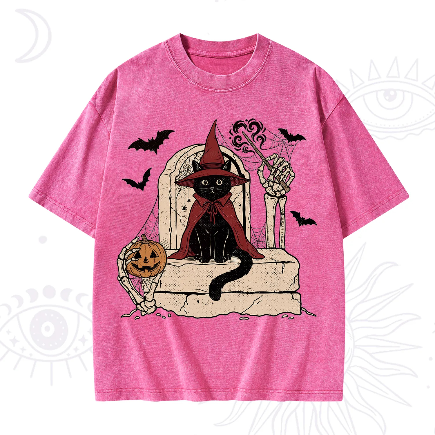 Purplehecate Wizard Black Cat on the Tombstone Halloween Washed T-Shirt