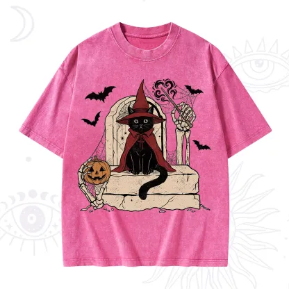 Purplehecate Wizard Black Cat on the Tombstone Halloween Washed T-Shirt
