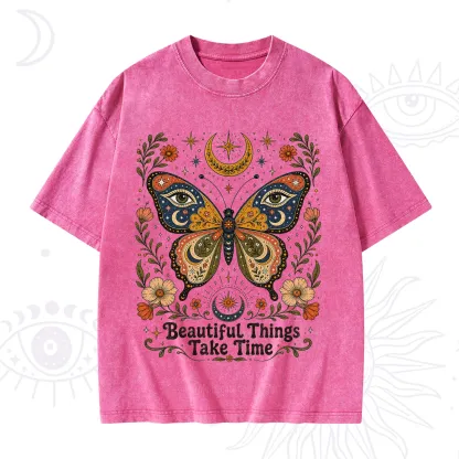Purplehecate Beautiful Things Take Time Butterfly Washed T-Shirt
