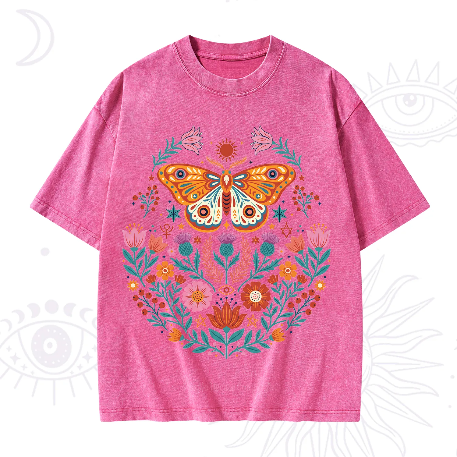 Purplehecate Boho Colorful Celestial Moth Washed T-Shirt