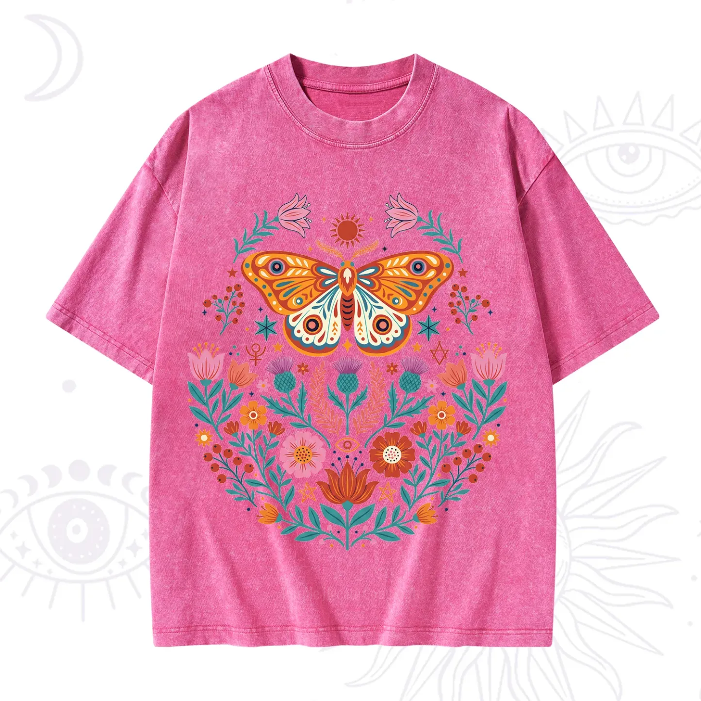 Purplehecate Boho Colorful Celestial Moth Washed T-Shirt