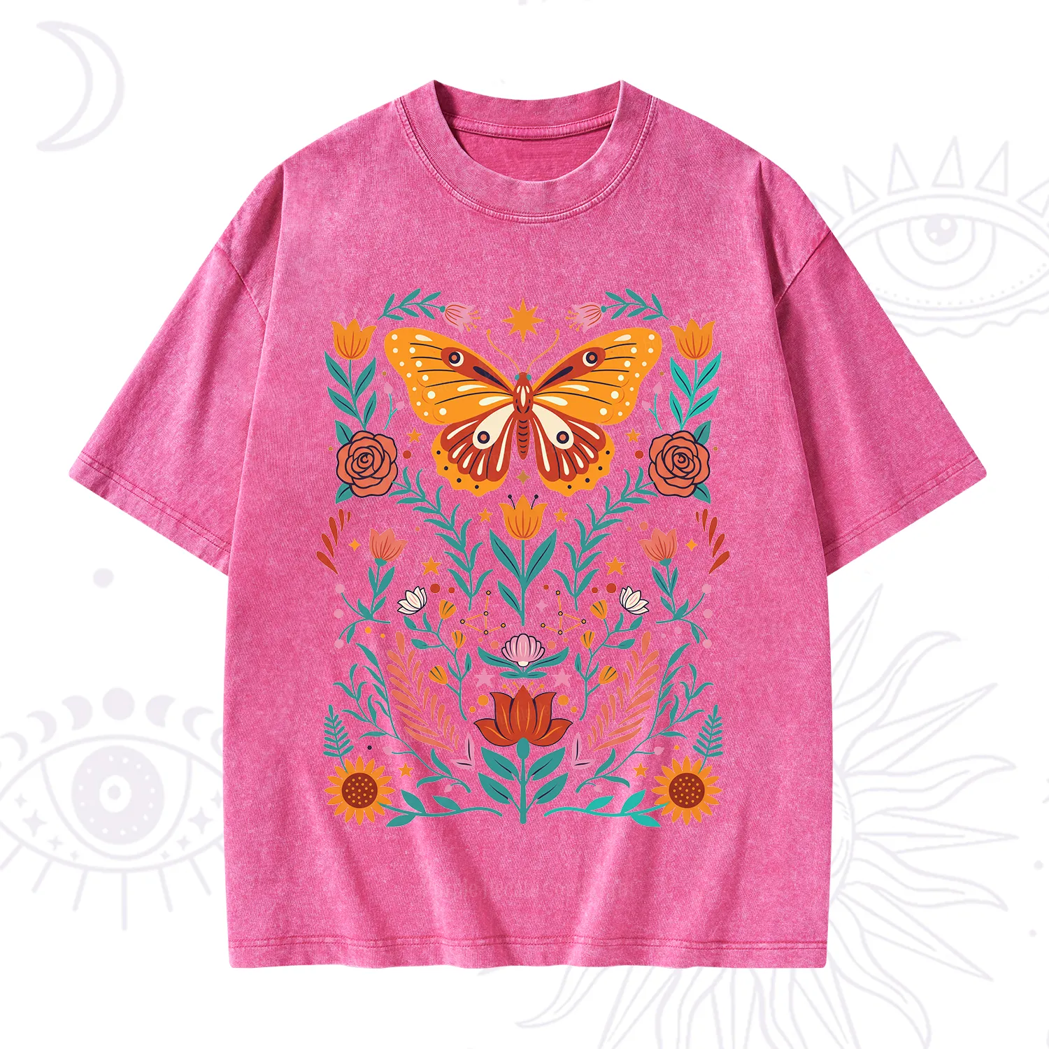 Purplehecate Boho Colorful Celestial Butterfly Washed T-Shirt