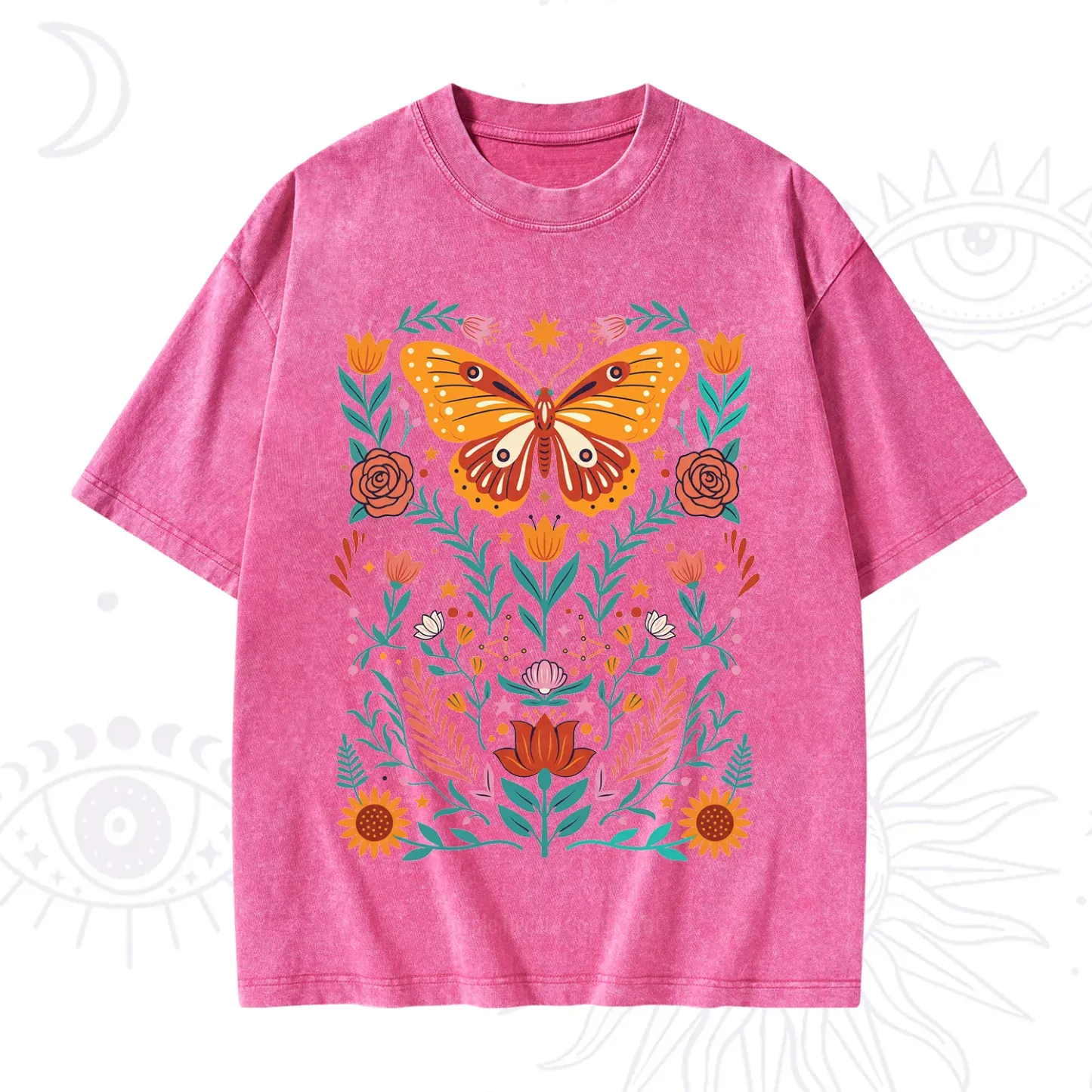 Purplehecate Boho Colorful Celestial Butterfly Washed T-Shirt
