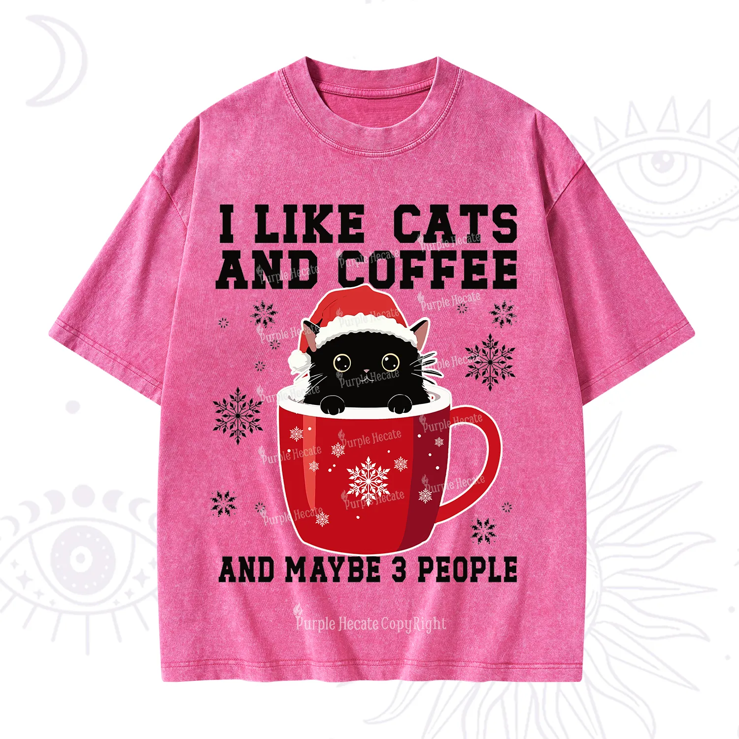 Purplehecate I like Cats And Coffee Christmas Washed T-Shirt
