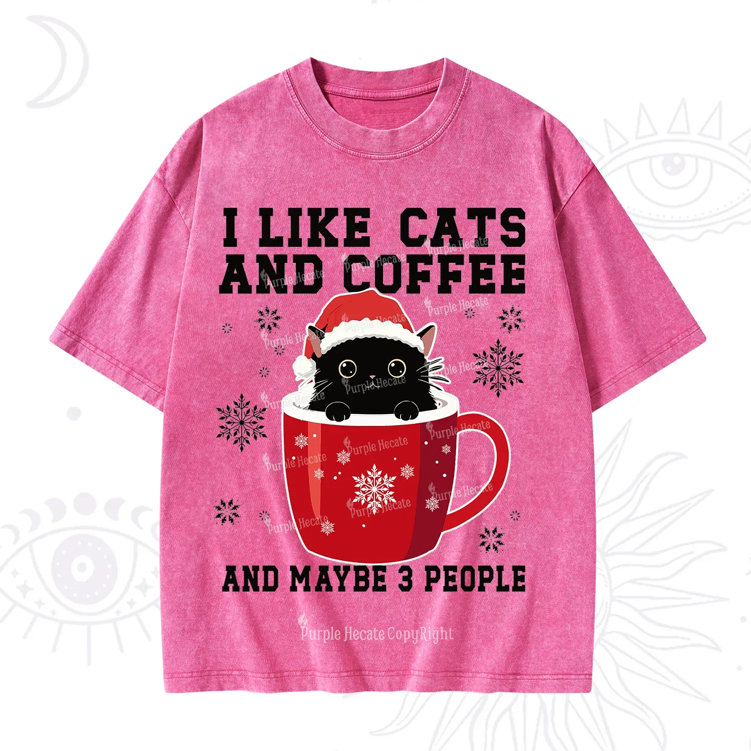 Purplehecate I like Cats And Coffee Christmas Washed T-Shirt