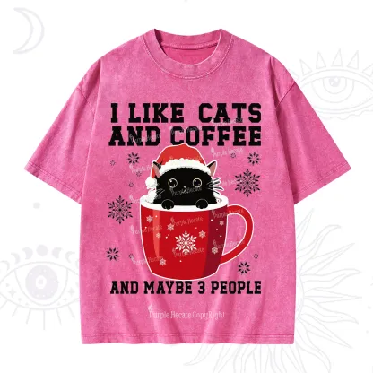 Purplehecate I like Cats And Coffee Christmas Washed T-Shirt
